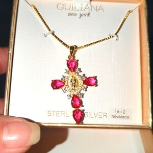 Sterling silver gold tone overlay Mary Cross with pink stones 16 in chain